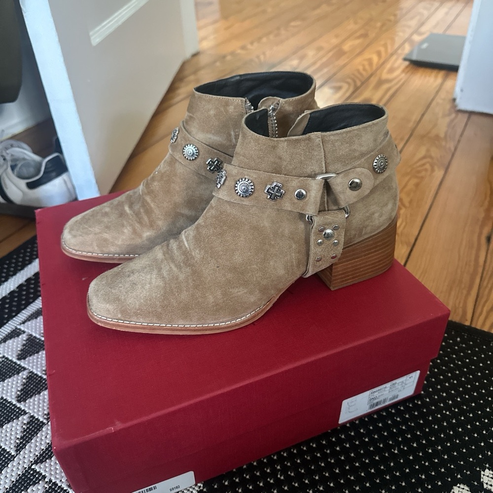 Solsana Tan Suede Ankle Boots with Studded Strap
